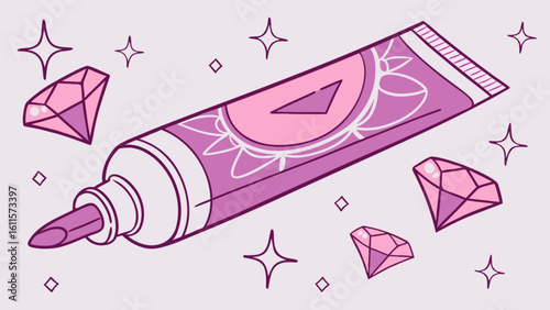 Aesthetic illustration of a pink tube with decorations surrounded by diamonds and sparkles art