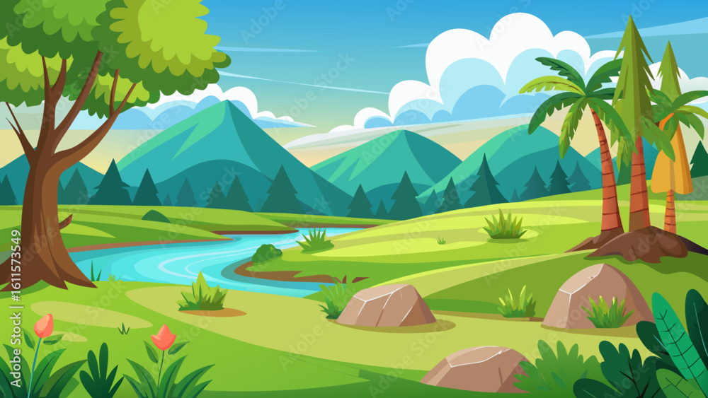 Naklejka premium Vector art of a charming cartoon landscape captures a gentle river flowing through grassy hills towards distant, colorful mountains under a blue sky