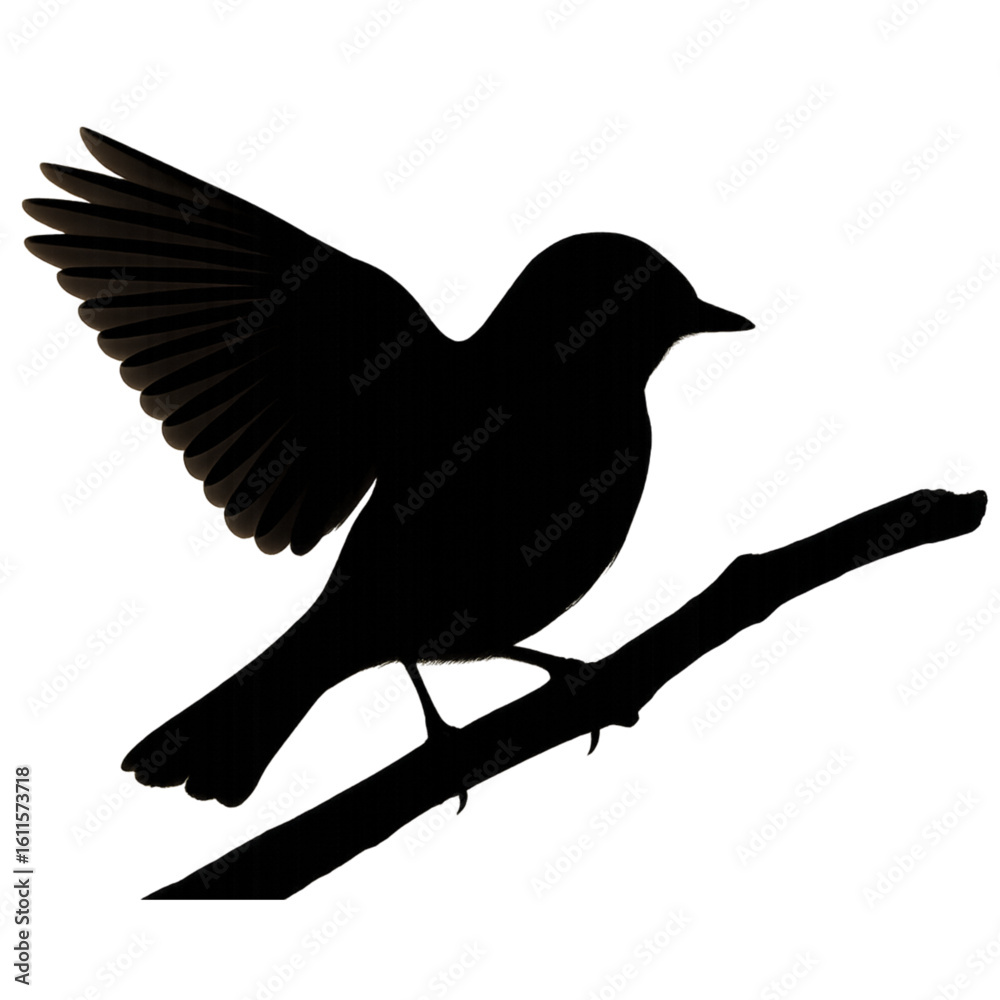 Fototapeta premium Elegant songbird taking flight from branch silhouette representing nature's freedom and beauty