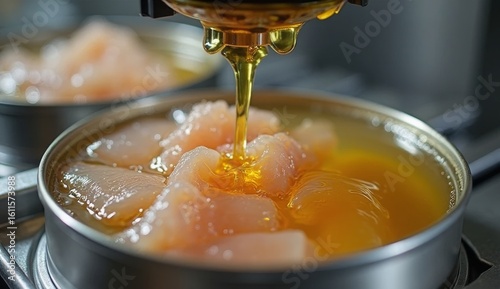 Fish canning process: fresh fish pieces placed into metal cans, topped with clear oil or broth. Close-up shows glossy texture, cleanliness, and automated food processing