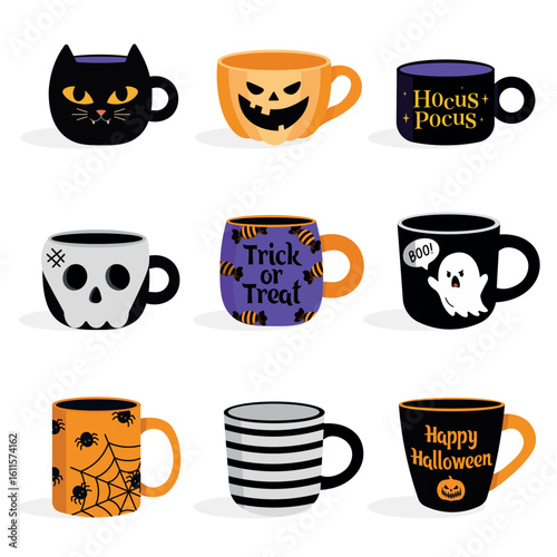 Set of Halloween mugs with spooky designs: ghost, pumpkin, cat, skull, spiderweb, stripes, and festive text. Fun flat vector illustration for autumn holidays, decor, cards, and party themes