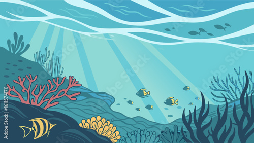 Underwater scene with coral reefs, various fish, and sunlight streaming through the water surface view