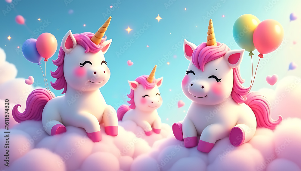 Fototapeta premium Three adorable cartoon unicorns with pink manes sit among fluffy clouds under a starry sky