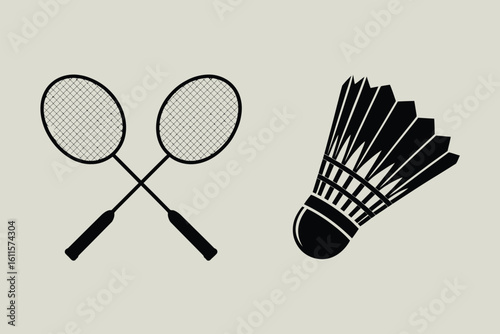 Hand drawn illustration of badminton rackets and shuttlecock on a neutral background