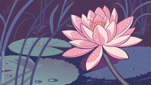Aesthetic illustration of a pink water lily in a pond surrounded by lily pads and tall grass blades