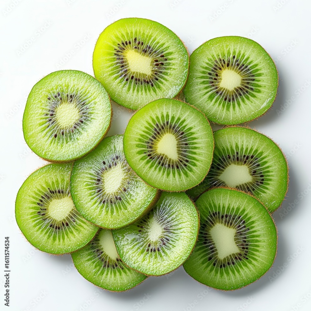 Sliced kiwi fruit arranged in a circular pattern, showcasing vibrant green flesh and distinctive black seeds on a white background.