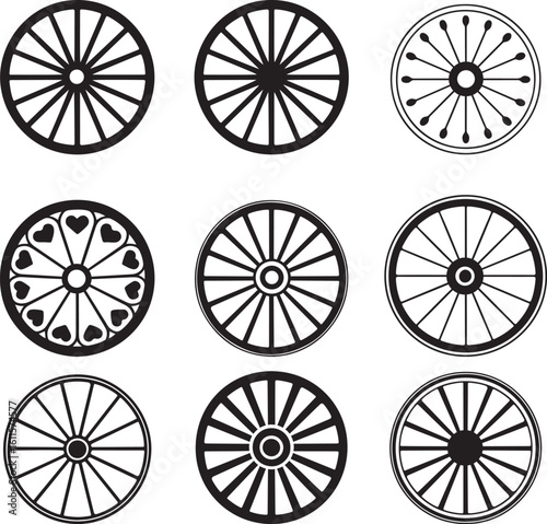 Various spoked wheels with decorative elements circular