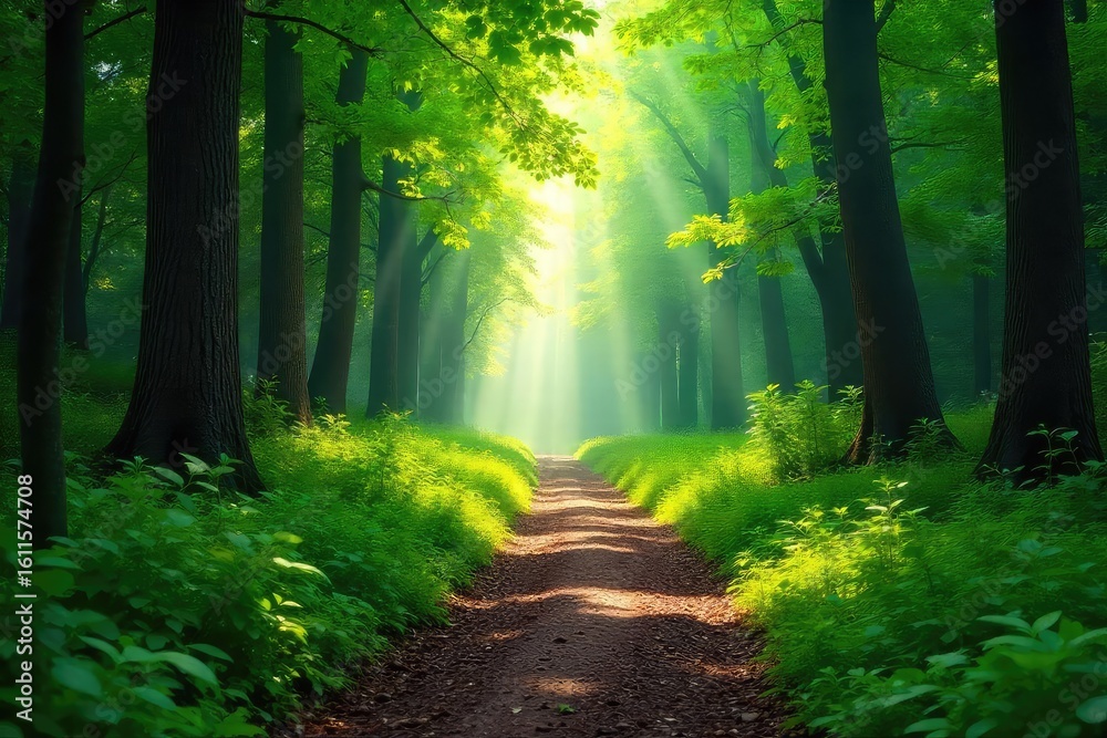 Obraz premium Serene path meanders through lush greenery, sunlight dappling the leaves, creating a magical forest trail Perfect for hiking, nature, and peaceful escape imagery , sunlight, trees