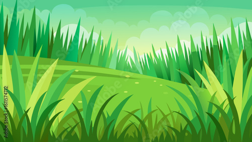 Vector art of a gentle green hillside covered in grass slopes towards a hazy sky with soft clouds