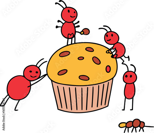 Red ants gather around a large muffin yellow brown