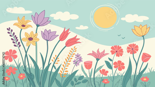 A colorful flower meadow with a variety of blossoms under a sunny sky with fluffy clouds above them all