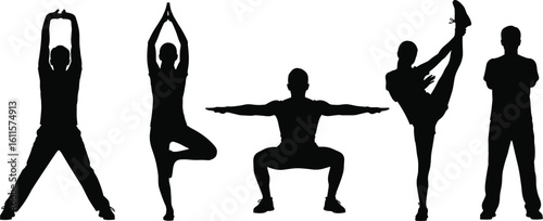 Fitness and yoga silhouette illustration, stretching, squatting, balance poses, healthy lifestyle, physical activity, body movement, exercise vector design