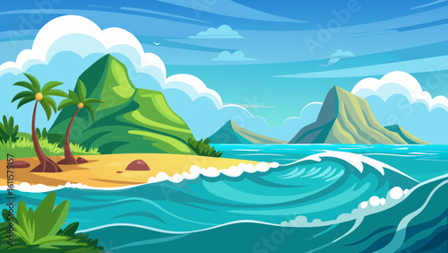 Vector art of a serene tropical beach with palm trees, turquoise waves crashing on the shore, and lush green islands under a clear blue sky