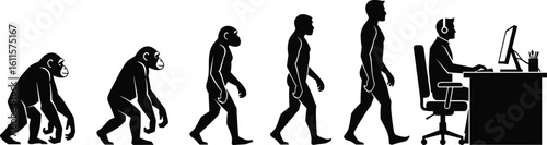 Human evolution silhouette from ape to modern office worker, technological advancement, development stages, workplace transformation, computer desk, vector design