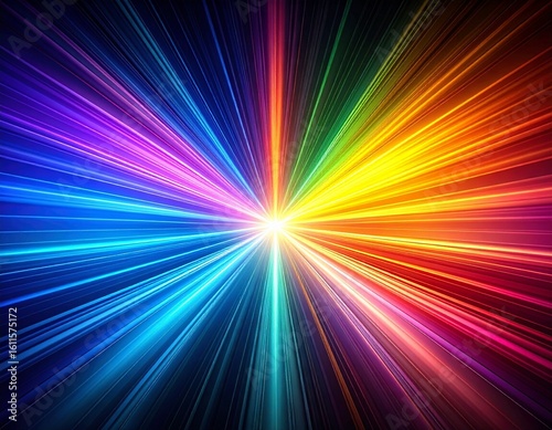 Abstract image of radiating lines of vibrant colors emanating from a central point of bright light.
