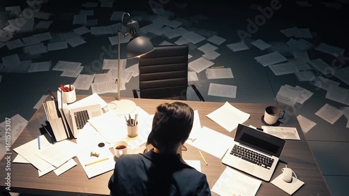 Aerial view lone businesswoman working desk late night massive open-plan office, desks empty dark, cup of coffee, papers spread out, deadline pressure, darkness space, stylized top-down 4k video