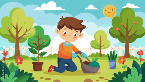 Vector art of a boy with gloves and a basket tends to plants in a sunny garden, surrounded by trees and flowers