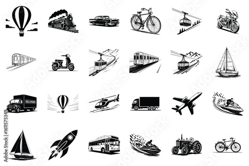 Collection of transportation silhouettes for design projects silhouette.