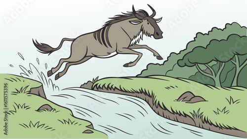 Wildebeest leaps over a river with water splashing and green trees in the background on a sunny day