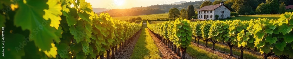 Fototapeta premium Sun-drenched vineyard with rows of vibrant green grapevines, lush leaves, and a rustic winery building in the background; a picturesque autumn scene , autumn, grapes, nature