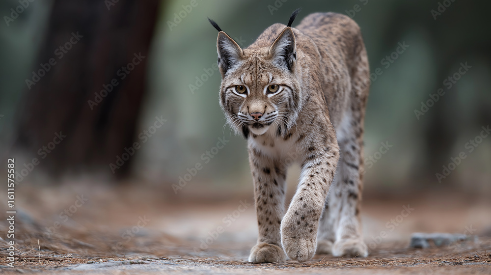 Obraz premium Eurasian Lynx Walking in Forest Close Up Portrait