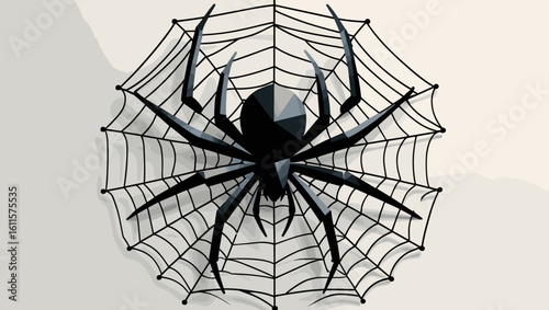 Stylized black spider sitting on a geometric web in a minimalist design