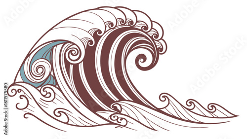 Illustration of a stylized wave with brown and blue coloring and intricate line work on a white background