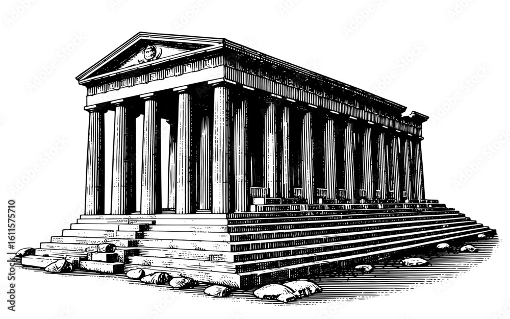 Fototapeta premium Classical temple in engraving style in black and white representing ancient architecture and history