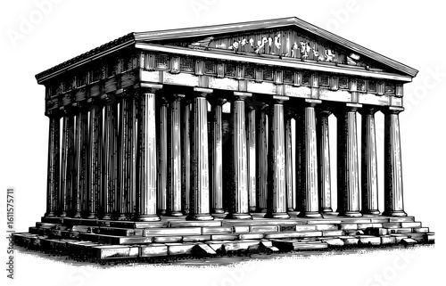 Classical temple in a detailed black and white woodcut style representing history