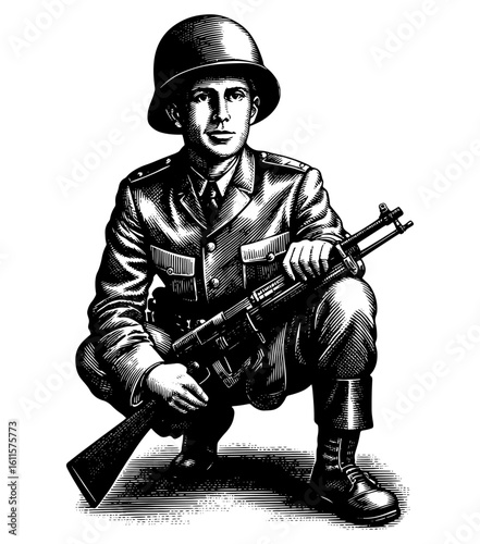A soldier crouched with a concentrated mood and a weapon in his hands