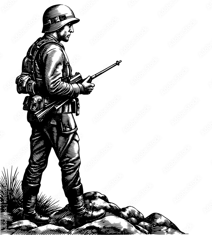 Obraz premium WWI soldier standing guard, black and white illustration