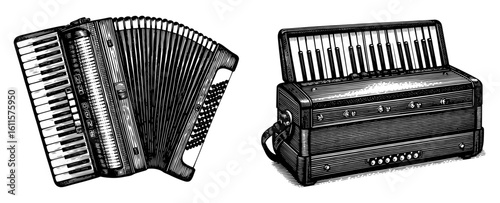 Accordions in a detailed black and white woodcut style representing folk music