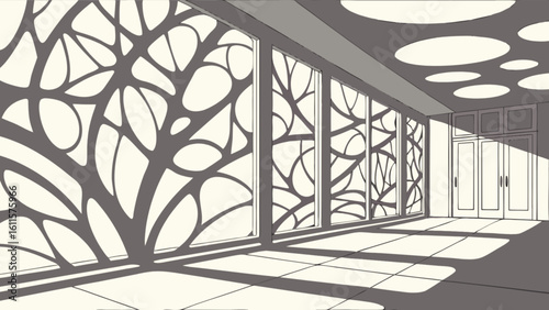 Interior view of a modern building with decorative window panels and geometric ceiling lights design