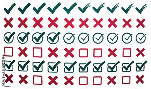 Vector art of a set of handdrawn green check marks and red crosses isolated on white background represents validation and rejection with color coding