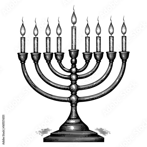 Nine-branched menorah in a woodcut style, black and white, representing Hanukkah celebration