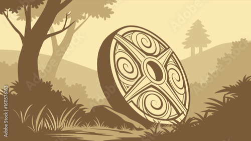 A decorative wheel with spiral designs rests in a forest clearing with trees and foliage around it