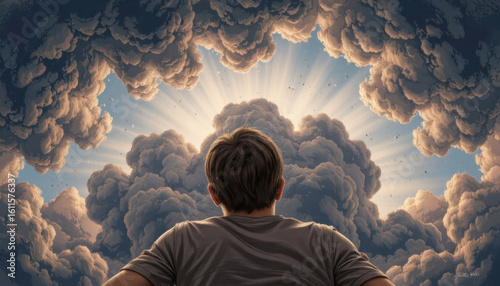 Reaching for the Heavens: A solitary figure gazes upward into a dramatic sky filled with clouds, seeking a sense of awe and wonder, and symbolizing introspection and hope.