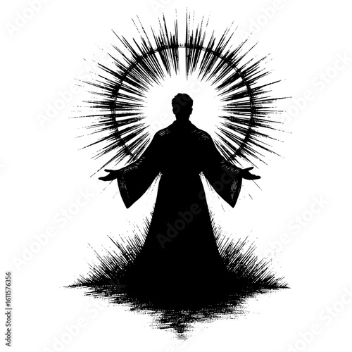 Silhouetted figure with a spiritual mood, representing salvation against a radiant halo background.Jesus, God.