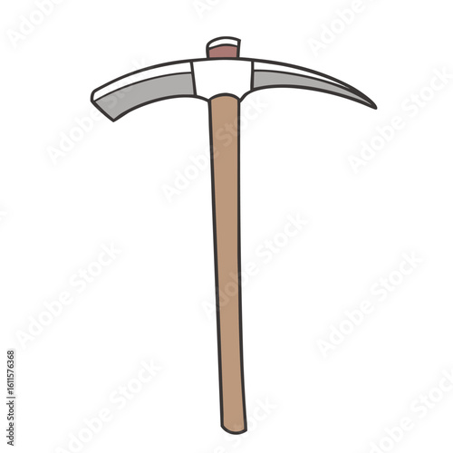 Silver pickaxe with brown handle and grey striking head tool mining