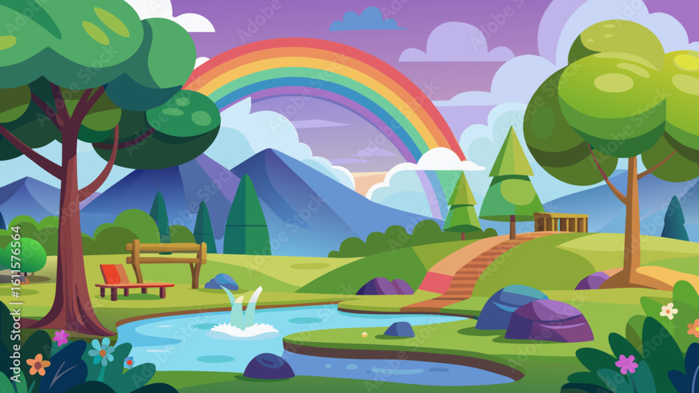 Obraz premium Vector art of a vibrant cartoon landscape unfolds with a majestic rainbow arching over rolling green hills and distant mountains, beside a winding river
