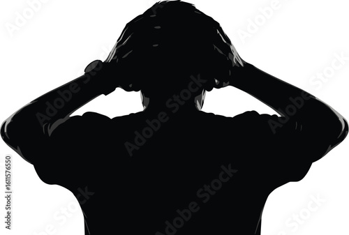 Silhouette of stressed person holding head, mental health awareness, emotional anxiety, vector illustration, black white artwork, isolated figure
