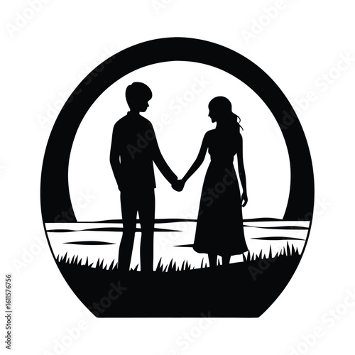 young couple holding hands silhouette at sunset
