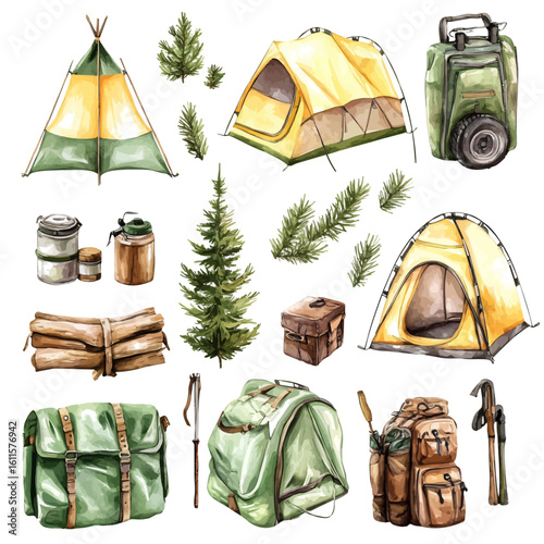 Watercolor hand-painted with camping gear tents and outdoor painting illustration isolated on a white background, stinging nettle leaf illustration, AI painting design