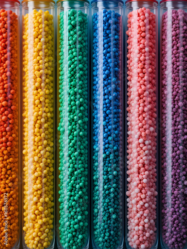 Colorful granules in test tubes, showcasing materials for manufacturing or research.