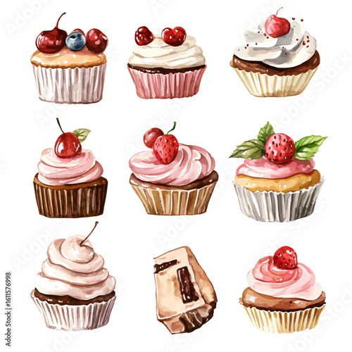 Watercolor hand-painted collection with delicious pastries cupcakes painting illustration isolated on a white background, stinging nettle leaf illustration, AI painting design