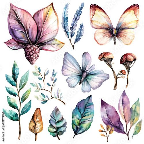 Watercolor hand-painted collection with fantasy-inspired elements painting illustration isolated on a white background, stinging nettle leaf illustration, AI painting design