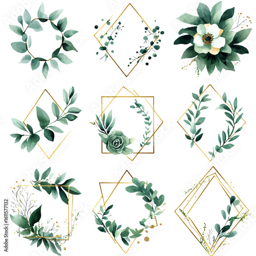 Watercolor hand-painted collection with golden geometric frames, floral painting illustration isolated on a white background, stinging nettle leaf illustration, AI painting design