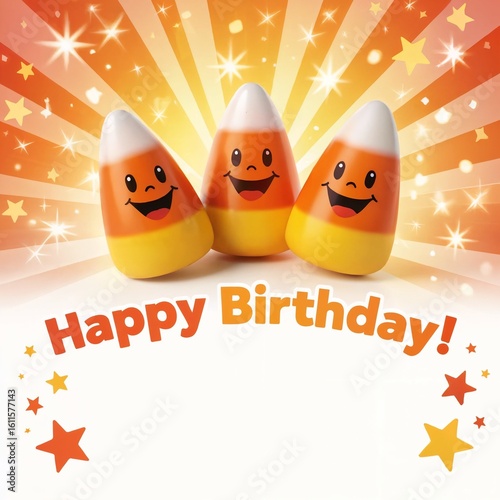 Three smiling candy corn characters celebrate birthday