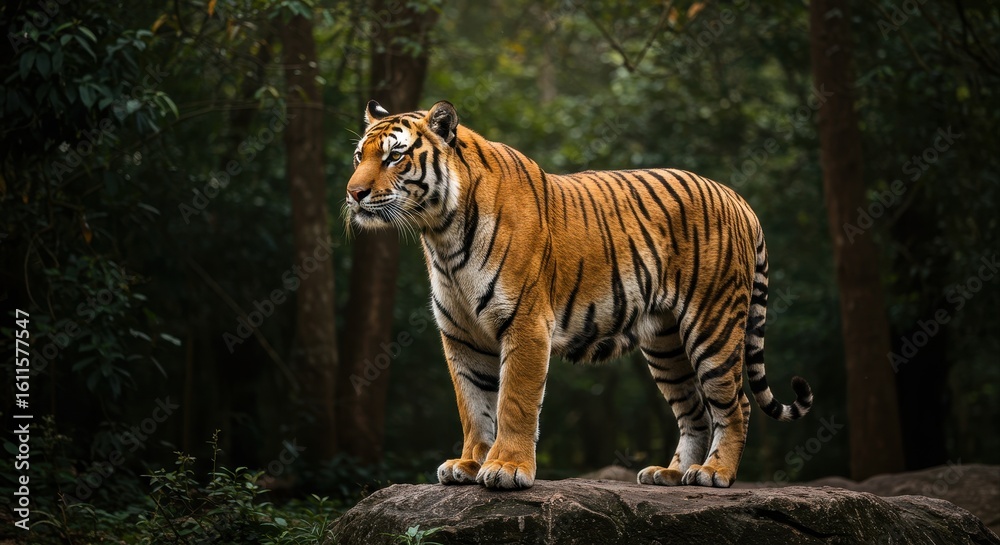Obraz premium Tiger in Jungle Staring at Camera – Fierce and Natural Wildlife Environment