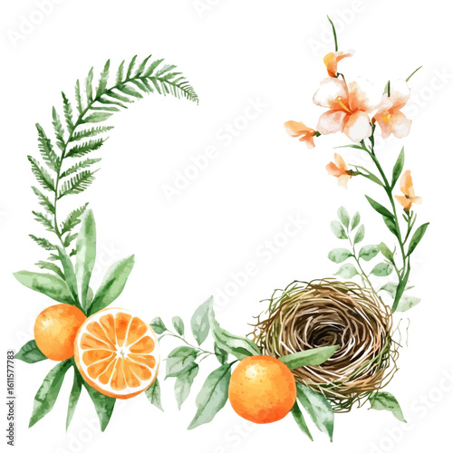 Watercolor hand-painted tropical floral and fruit frame with Bird's nest painting illustration isolated on a white background, stinging nettle leaf illustration, AI painting design